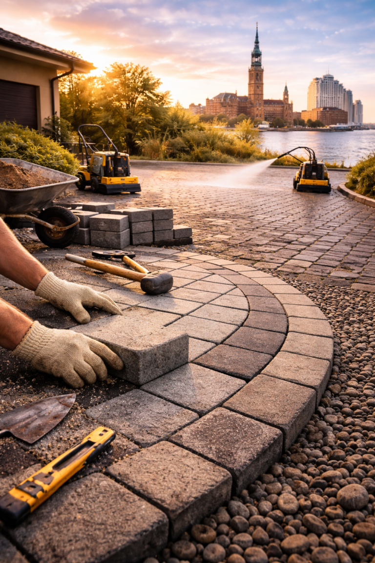 Pflasterarbeiten in Hamburg – Fachgerechtes Verlegen von Natursteinpflaster für Auffahrt und Gehweg