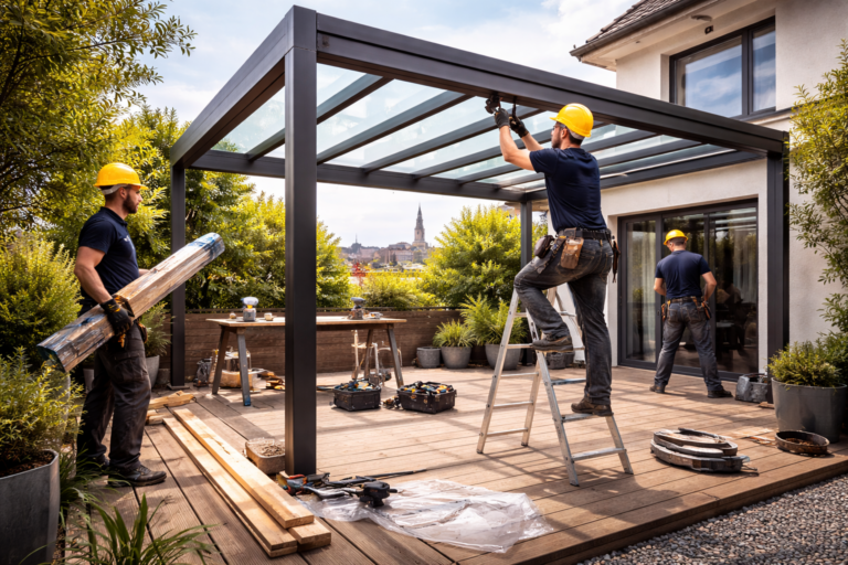 Montage einer modernen Terrassenüberdachung in Hamburg durch Fachbetrieb
